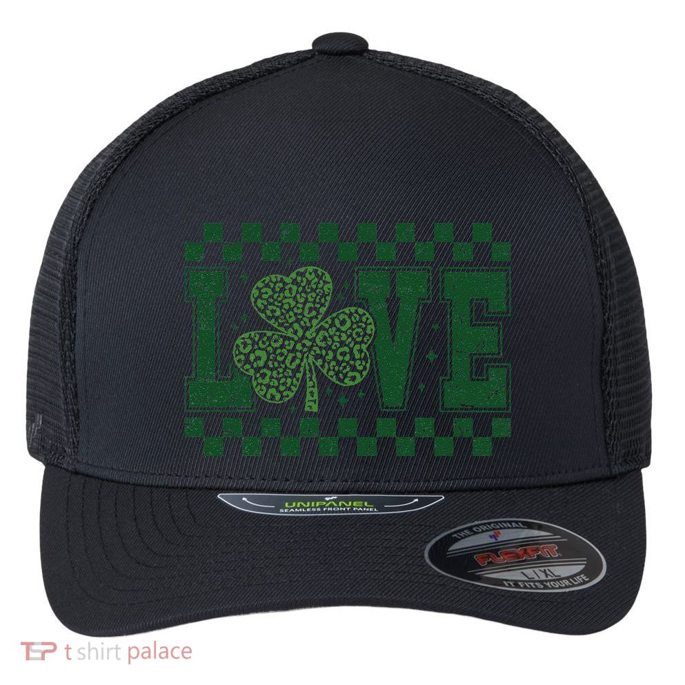 Love St. PatrickS Day Leopard Shamrock Irish Flexfit Unipanel Trucker Cap