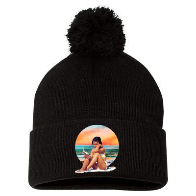 Lady Sunset Reading Book Pom Pom 12in Knit Beanie