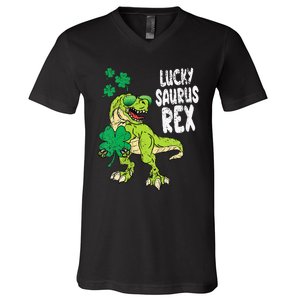 Lucky Saurus Rex T-Rex green St Patricks Day V-Neck T-Shirt