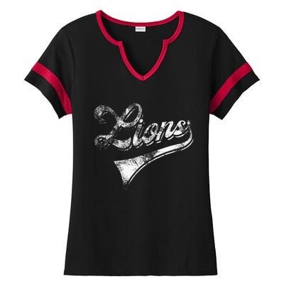 Lions School Sports Fan Team Spirit Mascot Ladies Halftime Notch Neck Tee