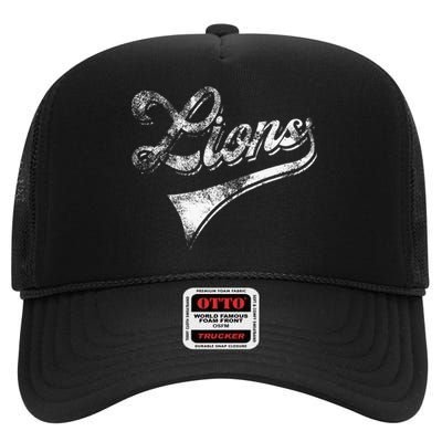 Lions School Sports Fan Team Spirit Mascot High Crown Mesh Back Trucker Hat