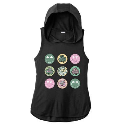 Lucky Shamrock Smile Face Disco Groovy St Patricks Day Ladies PosiCharge Tri-Blend Wicking Draft Hoodie Tank