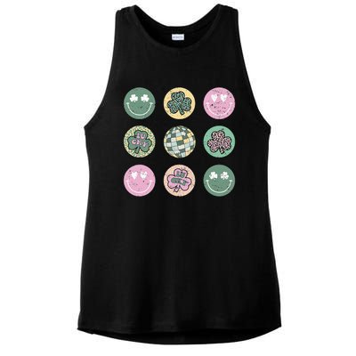 Lucky Shamrock Smile Face Disco Groovy St Patricks Day Ladies PosiCharge Tri-Blend Wicking Tank