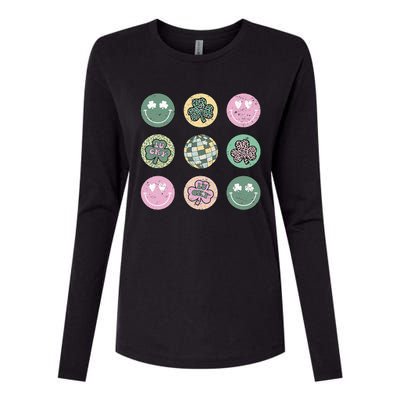 Lucky Shamrock Smile Face Disco Groovy St Patricks Day Womens Cotton Relaxed Long Sleeve T-Shirt