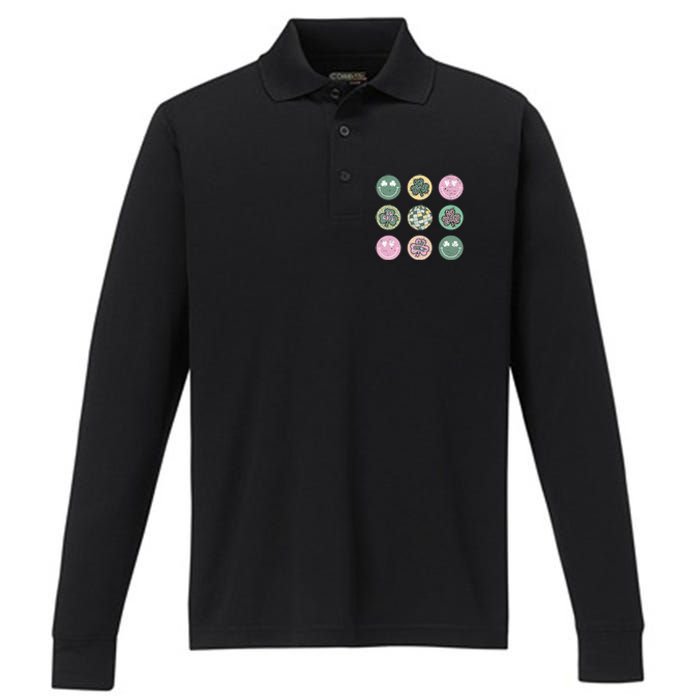 Lucky Shamrock Smile Face Disco Groovy St Patricks Day Performance Long Sleeve Polo