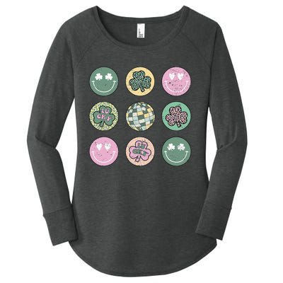 Lucky Shamrock Smile Face Disco Groovy St Patricks Day Women's Perfect Tri Tunic Long Sleeve Shirt