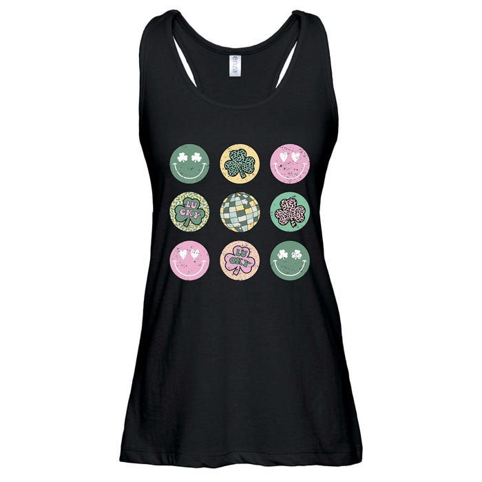 Lucky Shamrock Smile Face Disco Groovy St Patricks Day Ladies Essential Flowy Tank