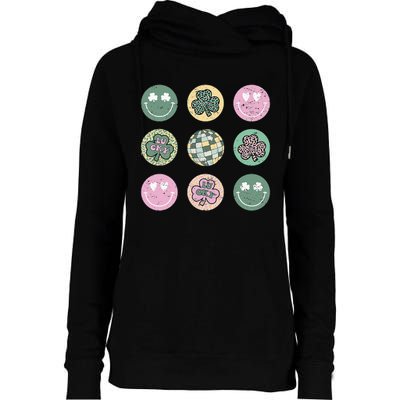 Lucky Shamrock Smile Face Disco Groovy St Patricks Day Womens Funnel Neck Pullover Hood