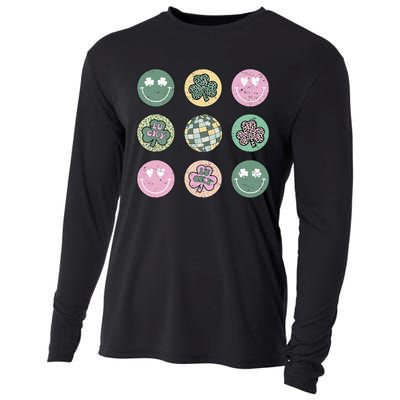 Lucky Shamrock Smile Face Disco Groovy St Patricks Day Cooling Performance Long Sleeve Crew