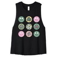 Lucky Shamrock Smile Face Disco Groovy St Patricks Day Women's Racerback Cropped Tank