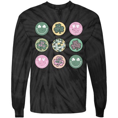 Lucky Shamrock Smile Face Disco Groovy St Patricks Day Tie-Dye Long Sleeve Shirt