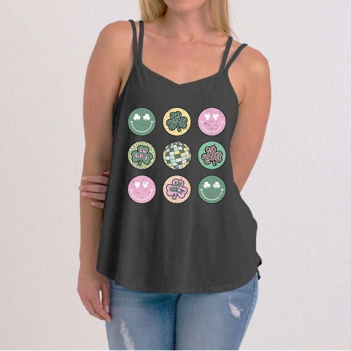 Lucky Shamrock Smile Face Disco Groovy St Patricks Day Women's Strappy Tank