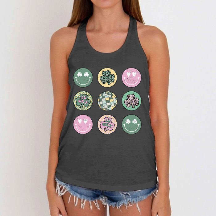 Lucky Shamrock Smile Face Disco Groovy St Patricks Day Women's Knotted Racerback Tank