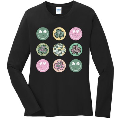 Lucky Shamrock Smile Face Disco Groovy St Patricks Day Ladies Long Sleeve Shirt