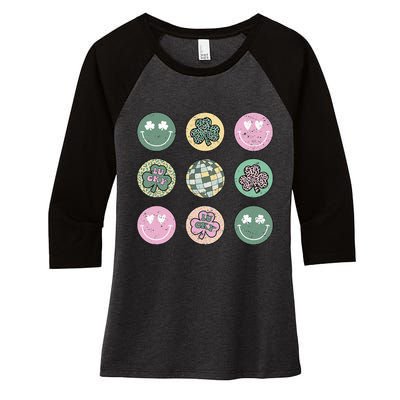 Lucky Shamrock Smile Face Disco Groovy St Patricks Day Women's Tri-Blend 3/4-Sleeve Raglan Shirt