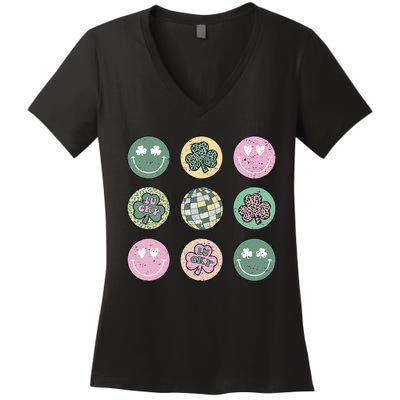 Lucky Shamrock Smile Face Disco Groovy St Patricks Day Women's V-Neck T-Shirt