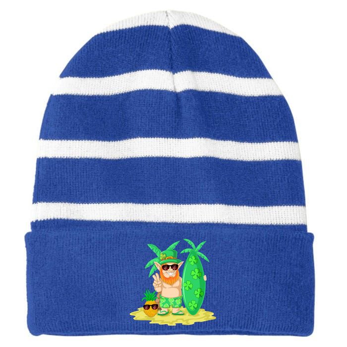 Leprechaun Surfing St Patricks Day Shamrock Leaf Clover Gift Striped Beanie with Solid Band