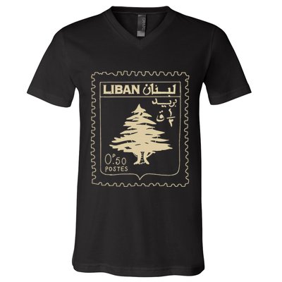 Lebanese Stamp Support Lebanon Beirut Map Palestine V-Neck T-Shirt