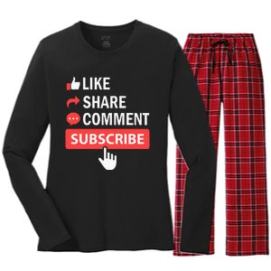 Like Share Subscribe Comment Video Livestream Blogging Women's Long Sleeve Flannel Pajama Set 