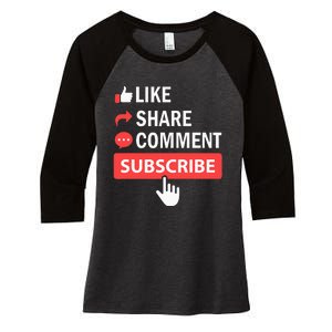 Like Share Subscribe Comment Video Livestream Blogging Women's Tri-Blend 3/4-Sleeve Raglan Shirt