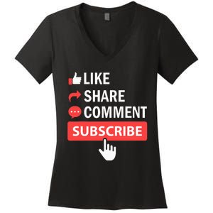 Like Share Subscribe Comment Video Livestream Blogging Women's V-Neck T-Shirt