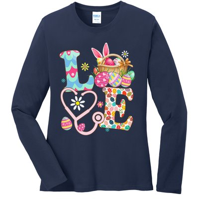 Love Stethoscope Scrub Life Nurse Bunny Easter Day Ladies Long Sleeve Shirt