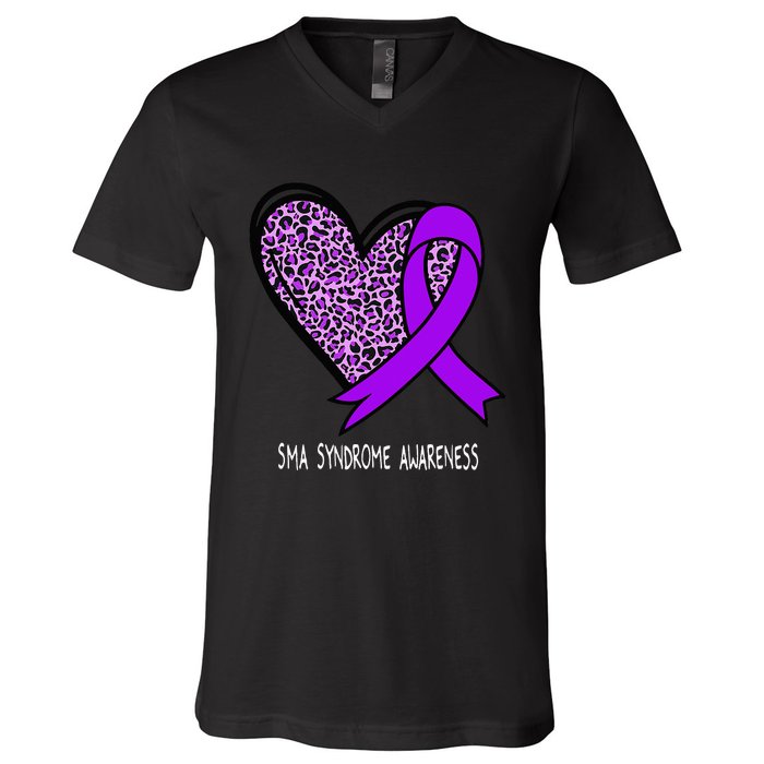 Leopard SMA Syndrome Awareness Purple Ribbon Heart V-Neck T-Shirt