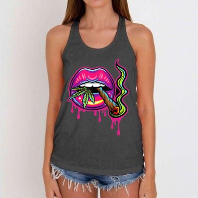 Lips Sexy Smoker Blunt Weed Teeth Marijuana Leaf 420 Women's Knotted Racerback Tank