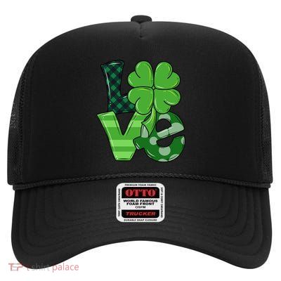 Love Shamrock St Patricks Day High Crown Mesh Back Trucker Hat