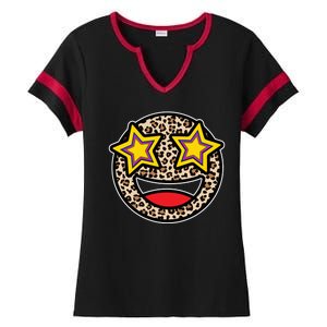 Leopard Star Smiley Face Cute Ladies Halftime Notch Neck Tee