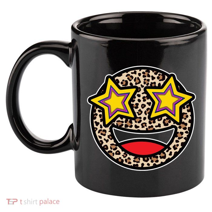 Leopard Star Smiley Face Cute 11oz C Handle Ceramic Mug