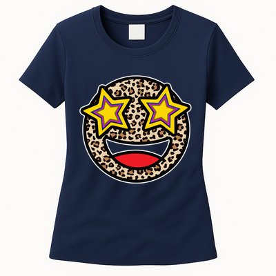 Leopard Star Smiley Face Cute Womens T-Shirt