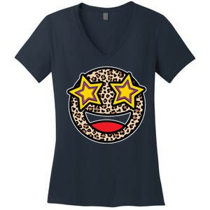 Leopard Star Smiley Face Cute Women's V-Neck T-Shirt