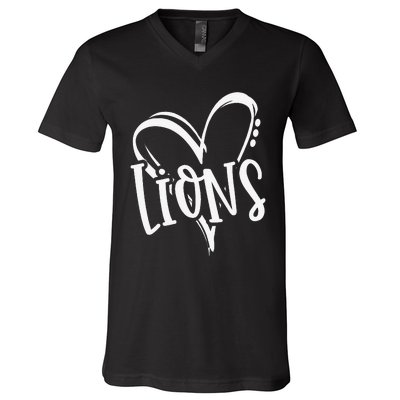 Lions School Sports Fan Team Spirit Heart V-Neck T-Shirt