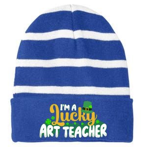 Lucky Shamrock St Patricks Day Im A Lucky Art Teacher Great Gift Striped Beanie with Solid Band