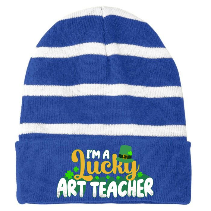 Lucky Shamrock St Patricks Day Im A Lucky Art Teacher Great Gift Striped Beanie with Solid Band