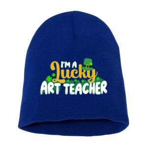 Lucky Shamrock St Patricks Day Im A Lucky Art Teacher Great Gift Short Acrylic Beanie