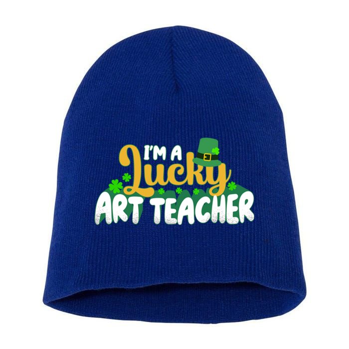 Lucky Shamrock St Patricks Day Im A Lucky Art Teacher Great Gift Short Acrylic Beanie