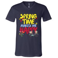 Ladies Spring Time Makes Me Happy Cute Summer Weather Tops V-Neck T-Shirt