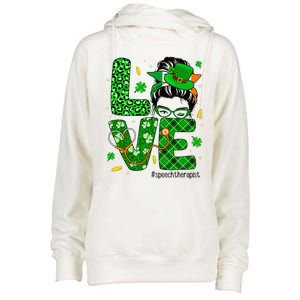 Love Speech Therapist Life Messy Bun Saint Patrick's Day Womens Funnel Neck Pullover Hood