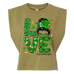 Love Speech Therapist Life Messy Bun Saint Patrick's Day Garment-Dyed Women's Muscle Tee