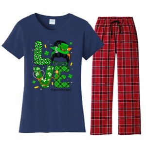 Love Speech Therapist Life Messy Bun Saint Patrick's Day Women's Flannel Pajama Set