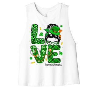 Love Speech Therapist Life Messy Bun Saint Patrick's Day Women's Racerback Cropped Tank