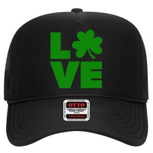 Love Shamrock Typography Green For St Patricks Day High Crown Mesh Back Trucker Hat