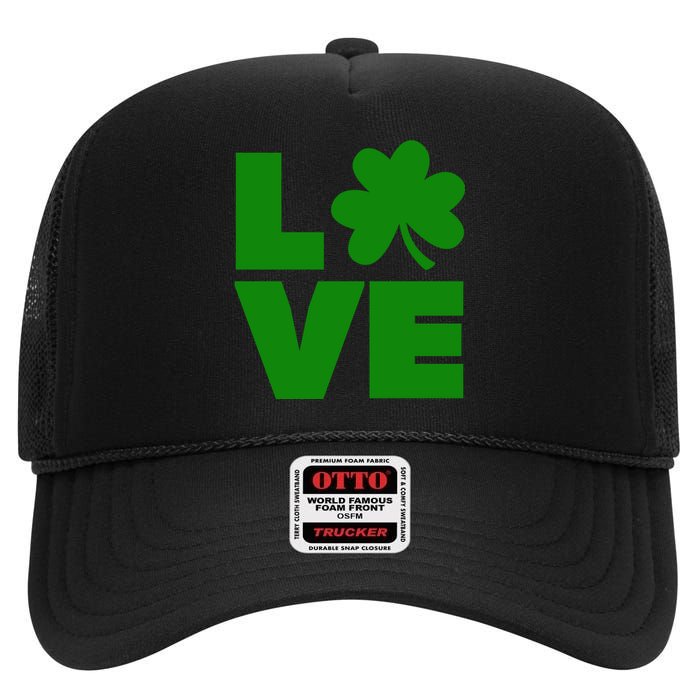 Love Shamrock Typography Green For St Patricks Day High Crown Mesh Back Trucker Hat