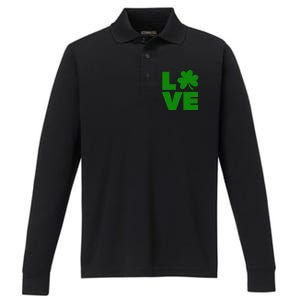 Love Shamrock Typography Green For St Patricks Day Performance Long Sleeve Polo