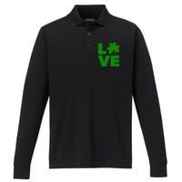 Love Shamrock Typography Green For St Patricks Day Performance Long Sleeve Polo