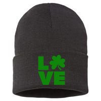 Love Shamrock Typography Green For St Patricks Day Sustainable Knit Beanie