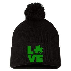 Love Shamrock Typography Green For St Patricks Day Pom Pom 12in Knit Beanie