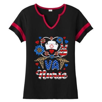 Leopard Sunflower VA Nurse American Flag Funny 4th Of July Ladies Halftime Notch Neck Tee